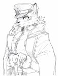  2019 anthro clothed clothing coat felid fur hat headgear headwear hi_res holding_object holding_sword holding_weapon leopard mammal melee_weapon ose_(tas) pantherine solo sword tobikara3 tokyo_afterschool_summoners uniform video_games weapon 
