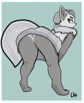  anthro arctic_fox bent_over big_ears big_eyes butt butt_shot canid canine clothing digital_media_(artwork) eyebrows female fox fur hair hi_res looking_at_viewer mammal monochrome panties rear_view sheep_and_wolves simone simple_background solo standing underwear 