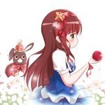  1girl animal anko_(gochiusa) apple blue_dress blush bow breasts brown_hair bunny cape closed_mouth clothed_animal commentary_request crescent crown dress flower food fruit gochuumon_wa_usagi_desu_ka? goth_risuto green_eyes hair_bow hairband holding holding_food holding_fruit long_hair medium_breasts mini_crown profile puffy_short_sleeves puffy_sleeves red_apple red_bow red_cape red_hairband saber_(weapon) short_sleeves smile sword ujimatsu_chiya very_long_hair weapon white_background white_flower 