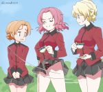  3girls bangs black_skirt blonde_hair braid camekirin closed_eyes coat cup darjeeling girls_und_panzer highres multiple_girls open_mouth orange_hair orange_pekoe panties pantyshot pleated_skirt polka_dot polka_dot_panties red_coat red_hair rosehip short_hair skirt smile spill spilling st._gloriana&#039;s_military_uniform sweatdrop tea teacup thighs tied_hair twitter_username underwear wind wind_lift 