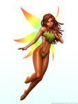  2018 absurd_res brown_eyes brown_hair dreadlocks fairy female flying hair hi_res humanoid humanoid_pointy_ears josara_(stalindc) leaf looking_at_viewer navel not_furry ronindude simple_background solo white_background winged_humanoid wings 