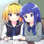  2girls bangs black_cardigan black_hairband black_sailor_collar blonde_hair blue_bow blue_hair blue_necktie blunt_bangs blurry blurry_background bow cardigan cardigan_vest classroom collarbone commentary_request desk eyebrows_visible_through_hair furude_rika grey_sweater hairband hazumi_otoya highres higurashi_no_naku_koro_ni hime_cut holding holding_pencil houjou_satoko indoors long_hair long_sleeves multiple_girls necktie open_mouth paper pencil pointing purple_eyes sailor_collar school_uniform short_hair sidelocks sweater 