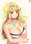 1girl artist_name bangs blonde_hair blush breasts chinchongcha choker cleavage closed_mouth cloud covered_navel eyebrows_visible_through_hair gem hair_ornament headpiece highres hikari_(xenoblade_2) jewelry large_breasts long_hair looking_at_viewer one-piece_swimsuit pose sky smile standing sunlight swept_bangs swimsuit thigh_strap tiara water xenoblade_(series) xenoblade_2 