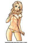  2016 blonde_hair blue_eyes breasts clothing elf female hair hi_res humanoid humanoid_pointy_ears looking_at_viewer navel not_furry ronindude shirt simple_background solo teasing tongue tongue_out topwear underwear undressing white_background 