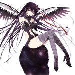  1girl akemi_homura akuma_homura argyle argyle_legwear bare_shoulders breasts crossed_legs elbow_gloves gloves groin hand_on_own_chin high_heels highres long_hair mahou_shoujo_madoka_magica mahou_shoujo_madoka_magica_movie misteor navel purple_eyes red_ribbon ribbon small_breasts smirk solo thighhighs thighs toe-point white_background wings 