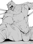  2017 abs animal_head biceps bodily_fluids bottomwear bulge clothed clothing felid for_a_head jaguar king_(tekken) male mammal muscular muscular_male nipples open_mouth pantherine pecs solo sweat tekken tobikara3 tongue topless torn_clothing video_games wrestler wrestling 