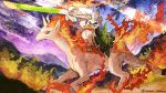  camomi commentary gen_1_pokemon gen_8_pokemon highres holding holding_leaf holding_shield holding_weapon horseback_riding leaf mountain no_humans outdoors pokemon rapidash riding shield sirfetch&#039;d twitter_username weapon 