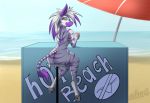  anthro askart beach beverage butt diamond_(kadath) equid equine female invalid_tag looking_at_viewer mammal nude outside purple_stripes seaside solo stripes umbrella water white_body zebra 