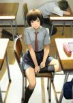  1boy 1girl 1other bag black_footwear black_hair black_legwear blue_bag brown_eyes brown_hair chair classroom desk indoors notebook original parted_lips pencil_case red_neckwear school_uniform short_hair sitting skirt sleeping smile turiganesou800 