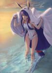  1girl 7aehyun animal_ears arms_up bangs beach breasts casual_one-piece_swimsuit cosplay covered_navel facial_mark fate/grand_order fate_(series) highres horizon jewelry light_smile long_hair low-tied_long_hair medium_breasts medjed medjed_(cosplay) necklace nitocris_(fate/grand_order) nitocris_(swimsuit_assassin)_(fate) one-piece_swimsuit purple_eyes purple_hair sidelocks solo sunset swimsuit twilight very_long_hair wading water white_swimsuit 