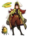  1girl belt blue_eyes boots closed_eyes coat corn eyebrows_visible_through_hair gloves green_coat green_footwear hand_on_hip helmet highres long_hair original pants plume pocket red_hair rinotuna sheath sheathed shield simple_background standing sword weapon white_background 