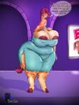  2019 absurd_res anthro areola big_areola big_breasts bracelet breasts cleavage clothed clothing dress ear_piercing ear_ring english_text female giraffe giraffe_mom giraffid handbag hi_res huge_breasts inside jewelry mammal mature_female overweight pearl_necklace piercing solo takarachan text thick_thighs thought_bubble tight_clothing voluptuous wide_hips 