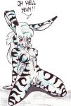  anthro breasts dialogue english_text female fur lagomorph leporid mammal naturally_censored nipple_tuft nipples open_mouth rabbit red_eyes rena_tamer solo spread_legs spreading striped_fur stripes text tuft 