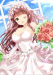  1girl ;d bangs bare_shoulders blue_sky blush bouquet breasts brown_hair cleavage cloud commentary_request covered_navel day dress dutch_angle elbow_gloves eyebrows_visible_through_hair flower gloves gochuumon_wa_usagi_desu_ka? green_eyes hair_flower hair_ornament highres large_breasts long_hair one_eye_closed open_mouth red_flower red_rose rose see-through sky smile solo strapless strapless_dress ujimatsu_chiya veil very_long_hair white_dress white_flower white_gloves zenon_(for_achieve) 