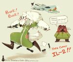  ! 2018 aircraft anthro breasts brown_eyes brown_fur canid canine canis clothing domestic_dog dress duo english_text explosives facial_hair female fluffy fluffy_tail fur hair hideki_kaneda holding_object holding_weapon il-2 japanese_text male mammal mustache running russian_text simple_background standing sturmovik_(hideki_kaneda) text translation_request uniform ursid ursine weapon white_hair 