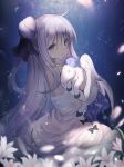  1girl azur_lane bare_shoulders commentary dress elbow_gloves eyebrows_visible_through_hair flower fuyouchu gloves hair_bun long_hair looking_at_viewer one_side_up petals purple_eyes side_bun silver_hair sitting solo stuffed_alicorn stuffed_animal stuffed_toy unicorn_(azur_lane) very_long_hair white_dress white_gloves 
