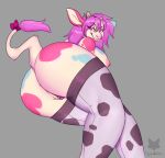  2019 absurd_res animal_print big_breasts bovid bovine breasts cattle clothing cow_print digital_media_(artwork) female floss hi_res legwear looking_at_viewer mammal nipples phallusbro presenting pubes pussy signature smile solo stockings thigh_highs wide_hips 