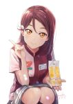  1girl 7-eleven backlighting bag blush employee_uniform eyebrows_visible_through_hair grey_skirt hair_between_eyes hair_ornament highres holding holding_bag index_finger_raised looking_at_viewer love_live! love_live!_sunshine!! orange_eyes red_hair sakurauchi_riko shamakho skirt smile squatting uniform white_background 