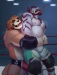  2019 anthro bear_hug blood bodily_fluids body_hair bottomwear brown_fur bulge canid canine canis chest_hair clothed clothing coughing domestic_dog domination duo elbow_pads facial_hair felid fight fur goatee grin hair hi_res male mammal merfiller_(artist) muscular nipples pantherine pecs shorts slightly_chubby smile speedo stripes sweat swimwear tiger topless violence white_fur wrestling 