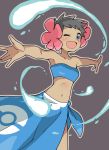  1girl arms_up bangs bare_shoulders black_hair blue_hair blue_sarong blush breasts brown_outline collarbone dark_skin ddak5843 flower fuyou_(pokemon) grey_background gym_leader hair_flower hair_ornament happy highres looking_at_viewer midriff navel one_eye_closed open_mouth outline outstretched_arms pink_flower poke_ball_symbol poke_ball_theme pokemon pokemon_(game) pokemon_rse sarong short_hair simple_background small_breasts smile solo spread_arms standing strapless tubetop 