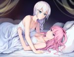  2girls :o animal_ears bangs bare_shoulders bed blue_eyes braid breasts cleavage collarbone dress eyebrows_visible_through_hair fox_ears hair_between_eyes hair_flaps honkai_(series) honkai_impact_3rd kallen_kaslana lace long_braid long_hair lying medium_breasts multiple_girls nightgown on_back parted_lips pink_hair shibanme_tekikumo single_braid spaghetti_strap white_dress white_hair yae_sakura yuri 