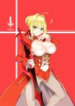  1girl ahoge bangs blonde_hair braid breasts character_name cleavage daive dress epaulettes fate/extra fate_(series) french_braid green_eyes hair_bun hair_ribbon highres juliet_sleeves large_breasts long_hair long_sleeves looking_at_viewer nero_claudius_(fate) nero_claudius_(fate)_(all) panties pantyhose puffy_sleeves red_dress red_ribbon ribbon smile solo underwear white_background white_legwear white_panties 