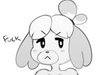  :&lt; animal_crossing anthro bangs canid canine canis domestic_dog english_text female floppy_ears greyscale hair hi_res isabelle_(animal_crossing) mammal monochrome nintendo no_sclera profanity shih_tzu simple_background solo somescrub text toy_dog video_games white_background 