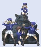  4girls akiyama_yukari andou_(girls_und_panzer) bc_freedom_(emblem) bc_freedom_military_uniform bc_freedom_school_uniform black_hair blonde_hair blue_eyes blue_headwear blue_jacket blue_vest boots brown_eyes brown_hair cake camera closed_eyes drill_hair eating emblem food ft-17 girls_und_panzer ground_vehicle hat jacket kepi kneeling long_hair long_sleeves marie_(girls_und_panzer) medium_hair messy_hair military military_vehicle motor_vehicle multiple_girls necktie open_mouth oshida_(girls_und_panzer) pleated_skirt recording school_uniform short_hair sitting skirt skrmtl smile sweater tank thighs vest white_skirt 