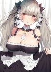  1girl azur_lane bangs bare_shoulders between_breasts black_dress blush breasts cleavage collarbone curtsey dress earrings formidable_(azur_lane) frilled_dress frills grey_hair hair_ribbon highres jewelry large_breasts long_hair looking_at_viewer open_mouth red_eyes ribbon solo twintails two-tone_dress two-tone_ribbon usa_b 