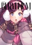  1girl 2019 bangs beryl_(junkpuyo) black_gloves blue_eyes blush coat cover cover_page earmuffs gloves junkpuyo lips long_hair magazine_cover open_mouth original pink_sweater plaid plaid_scarf purple_hair ribbed_sweater scarf solo sweater swept_bangs winter_clothes winter_coat 