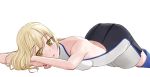  1girl aiz_wallenstein ass backless_outfit black_skirt blonde_hair blue_footwear boots breasts dungeon_ni_deai_wo_motomeru_no_wa_machigatteiru_darou_ka easy_(aqk7bdqt) long_hair looking_at_viewer lying medium_breasts on_stomach simple_background skirt solo thigh_boots thighhighs white_background yellow_eyes 