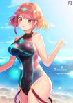  1girl artist_name bangs blush breasts chinchongcha closed_mouth cloud competition_swimsuit covered_navel eyebrows_visible_through_hair gem hair_ornament hand_on_breast headpiece highres homura_(xenoblade_2) jewelry large_breasts looking_at_viewer one-piece_swimsuit pose red_eyes red_hair short_hair sky smile swept_bangs swimsuit tiara water xenoblade_(series) xenoblade_2 