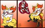  anthro belly big_belly big_breasts braixen breasts canid canine cloak clothing collar digestion female fluffy hi_res internal legwear lycanroc mammal midnight_lycanroc nintendo nipples oral_vore pok&eacute;mon pok&eacute;mon_(species) sassylebraix video_games vore 