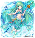  1girl breasts bubble copyright_request green_eyes green_hair heart heart_bubbles jewelry long_hair medium_breasts meisuke_mei midriff navel necklace official_art pearl_(gemstone) pearl_necklace pointy_ears shell smile solo starfish underwater very_long_hair wand 