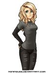  2016 annoyed blonde_hair blue_eyes bottomwear breasts clothing elf female hair hi_res humanoid humanoid_pointy_ears jeans jewelry looking_at_viewer not_furry pants ronindude shirt simple_background solo topwear white_background 