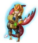  2019 anthro bird_wyvern capcom clothed clothing coral_pukei-pukei digital_media_(artwork) female hi_res looking_at_viewer monster_hunter pukei-pukei signature simple_background solo suirano video_games 
