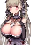  1girl absurdres areola_slip areolae azur_lane bangs bare_shoulders between_breasts black_dress blush breasts cleavage denchu_(kazudentyu) dress formidable_(azur_lane) frilled_dress frills grey_hair hair_ribbon highres large_breasts looking_at_viewer red_eyes ribbon twintails two-tone_dress two-tone_ribbon 