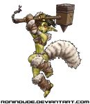  2017 belt breasts brown_hair ear_piercing ear_ring female goblin green_skin hair hammer hi_res humanoid humanoid_pointy_ears jumping looking_at_viewer loose_feather navel not_furry open_mouth piercing ronindude scar simple_background solo tools white_background 