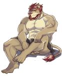  5_fingers 5_toes abasirisippo abs anthro balls barefoot feet felid fingers hair humanoid_feet kemono lion male mammal mane muscular muscular_male nipples pantherine pecs red_hair red_mane solo toes 