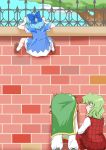  3girls absurdres ascot blood blue_dress blue_hair bow burijittou cirno dress green_hair hair_bow highres hong_meiling ice ice_wings kazami_yuuka long_hair multiple_girls nosebleed plaid plaid_vest puffy_short_sleeves puffy_sleeves red_hair short_hair short_sleeves stuck through_wall touhou translation_request vest wall wings 