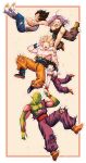  5boys ^_^ annoyed antennae armor black_eyes black_hair blonde_hair blue_eyes boots border bruise bubble bubble_background closed_eyes crossed_arms d: dirty dirty_clothes dirty_face dragon_ball dragon_ball_z expressionless falling father_and_son finger_on_forehead fingernails floating_hair frown full_body hand_on_another&#039;s_shoulder happy highres holding_hands injury long_hair looking_at_another looking_away looking_down looking_up male_focus mattari_illust multiple_boys nipples open_mouth outside_border pants pectorals piccolo pink_background polka_dot polka_dot_background profile purple_hair serious shirt shirtless simple_background son_gohan son_gokuu spiked_hair super_saiyan sweatdrop teeth torn_clothes torn_legwear torn_pants torn_shirt trunks_(future)_(dragon_ball) twitter_username two-tone_background upper_teeth vegeta white_background white_footwear wristband yellow_footwear 