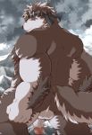  2019 absurd_res anthro back_muscles balls biped brown_fur canid canine canis detailed_background dosanco15 fur hi_res horkeukamui looking_back mammal multicolored_fur penis solo tokyo_afterschool_summoners two_tone_fur two_tone_tail video_games white_fur wolf yellow_eyes 