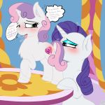  1:1 2019 bloodymascarade blush bodily_fluids cunnilingus cutie_mark duo english_text equid eyebrows eyelashes female female/female feral friendship_is_magic hair hi_res horn incest inside mammal my_little_pony oral rarity_(mlp) sex sweat sweetie_belle_(mlp) table text tongue tongue_out unicorn unicorn_horn vaginal 