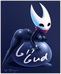  arthropod black_skin breasts butt empty_eyes exercise_ball featureless female hi_res hollow_knight hornet_(hollow_knight) humanoid insect nude scarf scarf_only sirredbenjamin solo text 