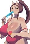  absurd_res anthro belly big_breasts blush breasts canid canine censored clothing female food hi_res huge_breasts hyenahonk mammal nipple_censor off_shoulder one-piece_swimsuit one_breast_out overweight popsicle solo swimsuit_pull swimwear thick_thighs voluptuous 