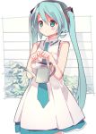  1girl aqua_eyes aqua_hair bangs blush closed_mouth cowboy_shot dress hatsune_miku highres hiyo_kotori holding long_hair necktie simple_background sleeveless sleeveless_dress solo twintails vocaloid watering_can white_dress 