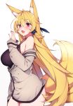  1girl :d animal_ear_fluff animal_ears bare_shoulders blonde_hair blush breasts camisole cowboy_shot fox_ears fox_girl fox_tail from_side grey_jacket hand_up haruyuki_(yukichasoba) highres jacket large_breasts long_hair long_sleeves looking_at_viewer looking_to_the_side off_shoulder open_mouth original red_eyes shirt simple_background sleeveless sleeveless_shirt smile solo tail very_long_hair white_background 