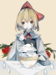  1girl absurdres apple black_vest blonde_hair bow bowl branch chinese_commentary chopsticks cloud commentary_request crescent_moon eating food fruit hair_bow highres holding holding_chopsticks leaf long_sleeves moon rain red_bow rumia shirt short_hair simple_background solo surreal tassel touhou vest white_shirt zhixie_jiaobu 