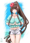  1girl alternate_costume brown_hair cherry_blossoms collarbone flower green_shirt grey_shorts hair_flower hair_ornament hibiscus highres kantai_collection long_hair looking_at_viewer midriff navel ponytail purple_eyes red_flower shirt short_shorts short_sleeves shorts smile solo t2r very_long_hair yamato_(kantai_collection) 