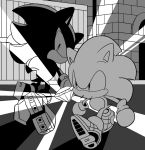  anthro chaos_emerald chibi clothing duo eulipotyphlan footwear gem gloves greyscale handwear hedgehog looking_back male mammal monochrome outside shadow_the_hedgehog shoes sikai soap_shoes sonic_(series) sonic_adventure_2 sonic_the_hedgehog walking 